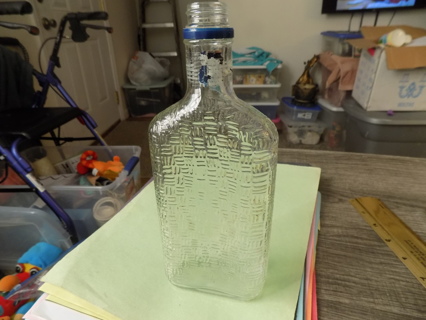 9 inch tall vintage clear basketweave pattern glass bottle flat sides