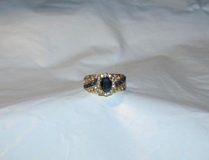 New Gold Tone Ring with Blue & Clear Gems Size 5