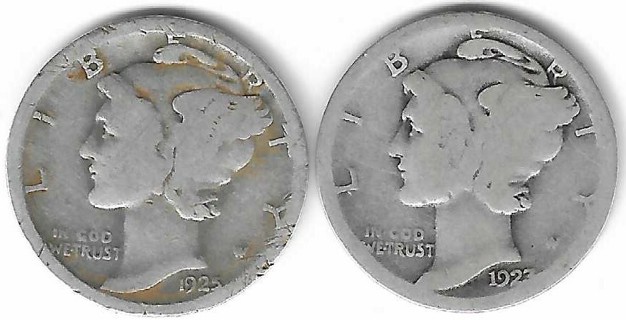 1923 and 1925 Mercury Dimes 90% Silver U.S. 10 Cent Coins