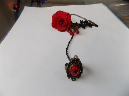 Black gothic/ look lace and red rose and cluster beads slave ring and bracelet combo