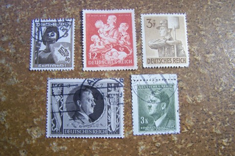 Lot of 5 Stamps from the Third Reich, Nazi Germany, Hitler Heads, Swastika, Hitler Youth,1930s-1940s