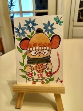 Original, Watercolor & Acrylic ACEO Painting 2-1/2"X 3/1/2" Whimsical Mouse by Artist Marykay Bond