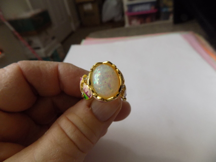 Ring # 4 goldtone band sz 8 wide lg sparkly oval moonstone, enameled painted sides 2 band to 1