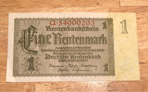 1937 Nazi Germany Eine Rentenmark Note 