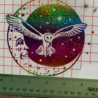 Rainbow vinyl owl with moon and stars  decal