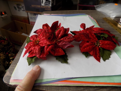 Pair red metallic poinsetta taper candle holder rings/wreaths