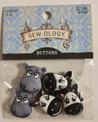 NEW - Sew-Ology - Zebra & Hippo Buttons - 5 in package 