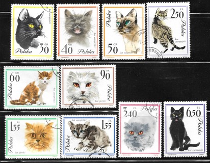 1964 Poland Sc1216-25 complete European Cats set of 10 (9 CTOs & 1 MH)