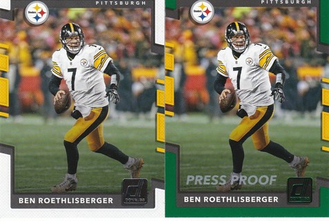 BEN ROETHLISBERGER 2017 DONRUSS BASE AND GREEN PRESS PROOF PARALLEL FOOTBALL TRADING CARD