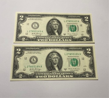 Two Dollar Bills Sequential 2017 Series A * Super Crisp! Very nice !