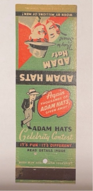 Vintage 1930’s Adam Hats Advertising Matchbook Cover