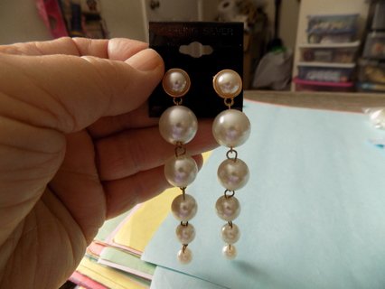 4 inch long dangly post earrings pearls in graduating sizes