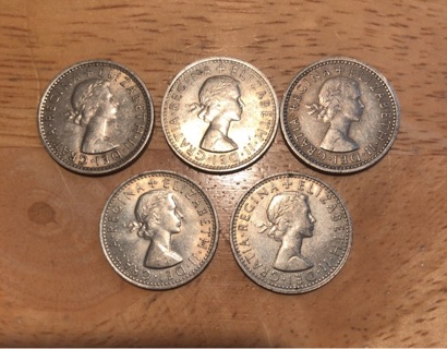 Lot of Five British Sixpence Coins 