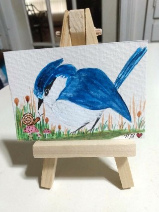 ACEO Original, Watercolor Painting 2-1/2"X 3/1/2" Blue Jay & Snail by Artist Marykay Bond