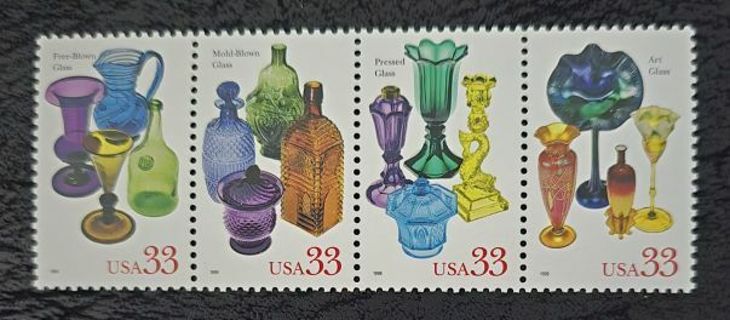 One Mint Strip of 4 Glass .33 US Postage Stamps