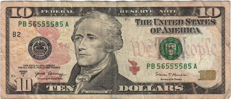 $10 Dollar Bill Six 5's Trinary Serial # 56555585 Coolness Rating 98.5 NICE! P8