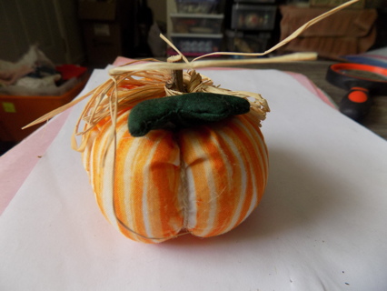 3 inch round # 3 orange and white stripe pumpkin wood stem, fabric leaf, raffia