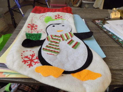 Felt Christmas stocking with penguin, snowflakes and green metallic flower pot 15 inch