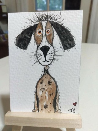 ACEO Original, Watercolor Painting 2-1/2"X 3/1/2" Whimsical Dog by Artist Marykay Bond