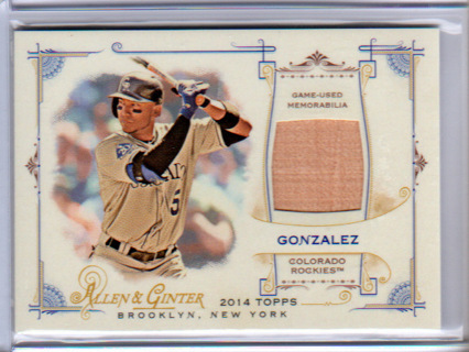 Carlos Gonzalez, 2014 Topps Allen & Ginter BAT RELIC Card #FRB-CG, Colorado Rockies, (L2