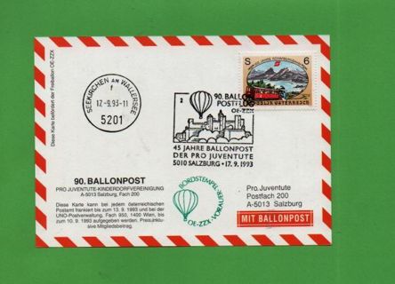 90. Balloon post Austria - 1993 Seekirchen/Salzburg - Postcard with Salzburg view