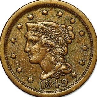 1849 Large Cent Used, Young Coronet, Excellent Highlights & Date, Refundable, Free Insurance