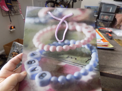 Pink and blue pearls baby bracelet gift bag 10 x 8