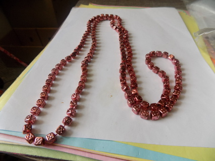 Necklace long strand rose color gold beads dice beads