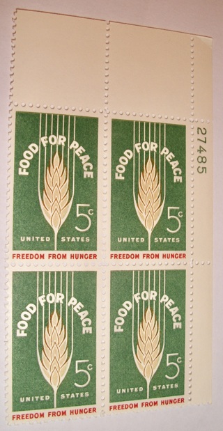 Scott #1231, Food for Peace, Pane of 4 Useable 5¢ US Postage Stamps