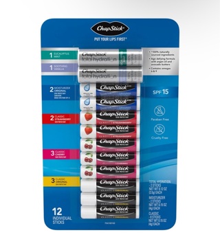 ChapStick Variety Pack Original, Cherry, Strawberry, Moisturizer & Total Hydration 12 ct.