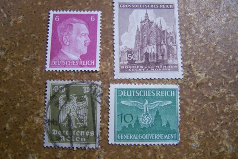 Lot of 4 Stamps from the Third Reich, Nazi Germany, Hitler Head, Swastika, German Eagle,1930s-1940s