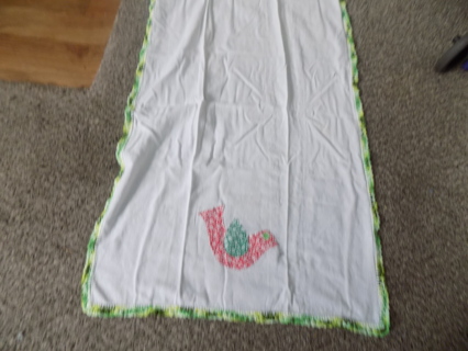 Vintage 36 x 22 table runner white with bird in red, green patched crochet work on edges