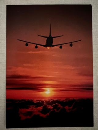 Vintage postcard unused: Lufthansa Jet at Night Sunset original Germany