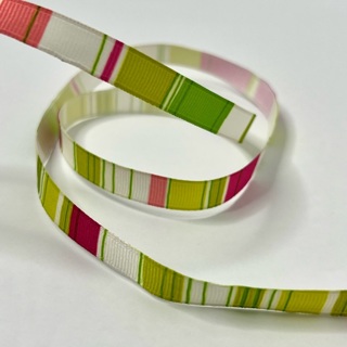 Pink Green Striped Grosgrain 3/8” Wide Wire Edge Ribbon 