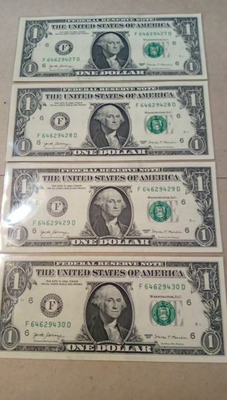 4- 2017A UNCIRCULATED SEQUENTIAL SERIAL NUMBERED. ONE DOLLAR BILLS IN CURRENCY SLEEVES