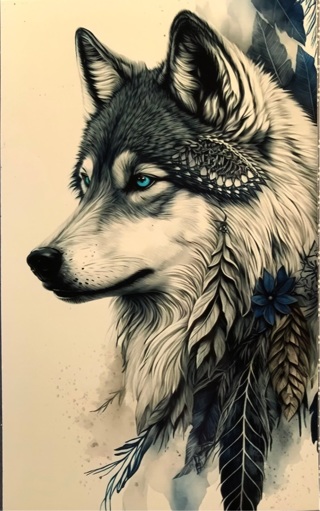 Wolf art with feathers - 3 x 5” MAGNET - GIN ONLY
