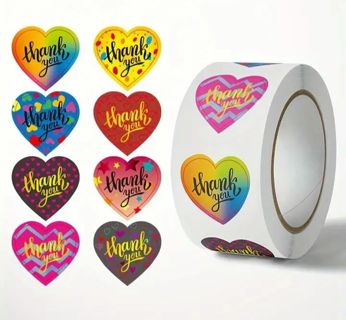 ➡️⭕(8) 1" COLORFUL HEART THANK YOU STICKERS!!⭕