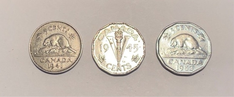 3 Vintage Canadian 5 Cents Nickel Coins