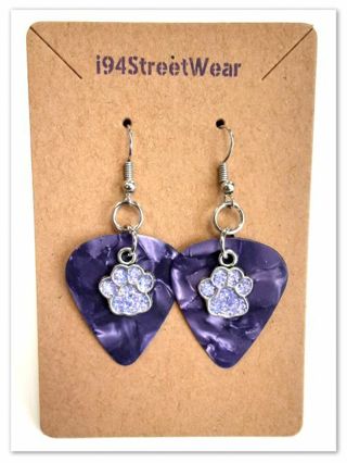 Purple Sparkle Paw Charm Guitar Pick Earrings B-12