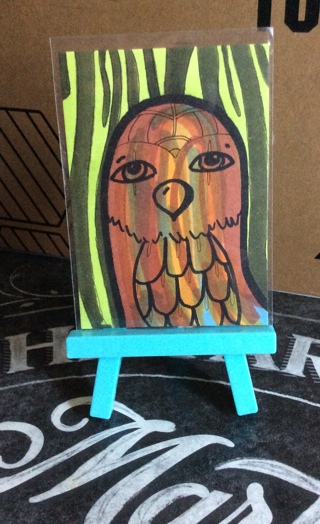 Owl on Green Striped background original drawing aceo