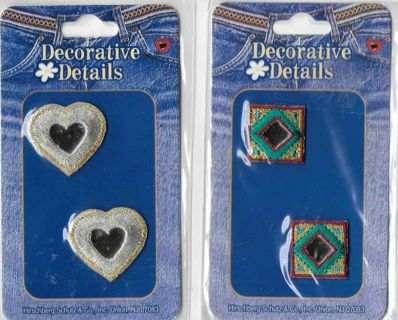 2 NEW in PACKAGE Embroidered Appliques w/ TINY MIRRORS in the Middle ~ Hearts & Diamonds