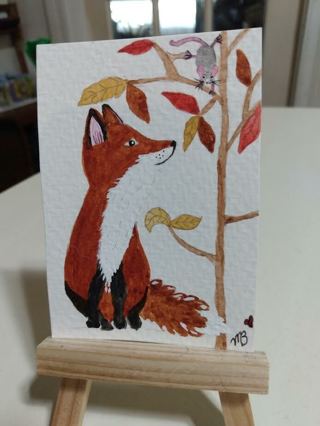 ACEO Original, Watercolor Painting 2-1/2"X 3/1/2" Fox & Mouse by Artist Marykay Bond