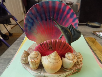 6 inch tall & wide sea shell band stand look with Marlin jumping up