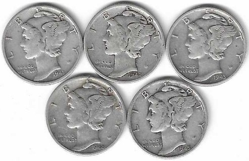 Fantastic Estate Find 1940's Mercury Dimes 90% Silver Lot of 5