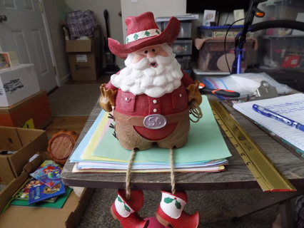 16 inch tall resin cowboy Santa shelf sitter dangly legs, boots, hat