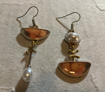 Apricot/pearl ornate asymmetrical earrings Fashion Jewelry