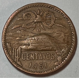 1951 Mexico 20 Centavos Sun Pyramid Coin VF