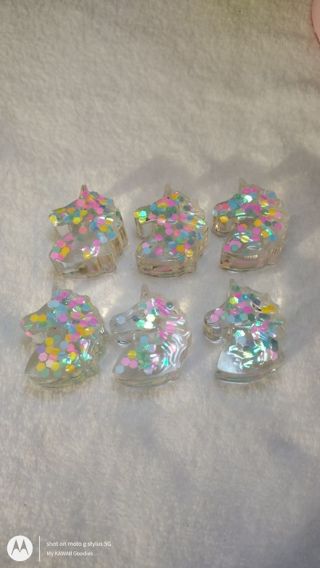 ✨✨✨6 BRAND NEW HOMEMADE CLEAR & RAINBOW GLITTER UNICORN HEAD FLATBACKS ✨✨✨