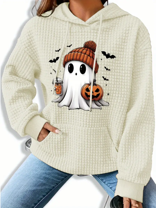 Women's Halloween Themed Pullover Hoodie, Long Sleeve Waffle Knit with Drawstring