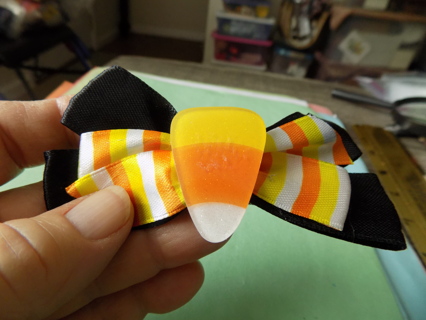 Halloween black satin hair bow with acrylic candy corn center orange, yellow, white ribbon # 2